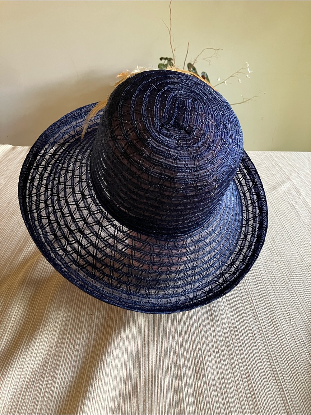 Navy Wide-Brim Hat with Cream Golden Floral Feathered Accent - Picture 5 of 5